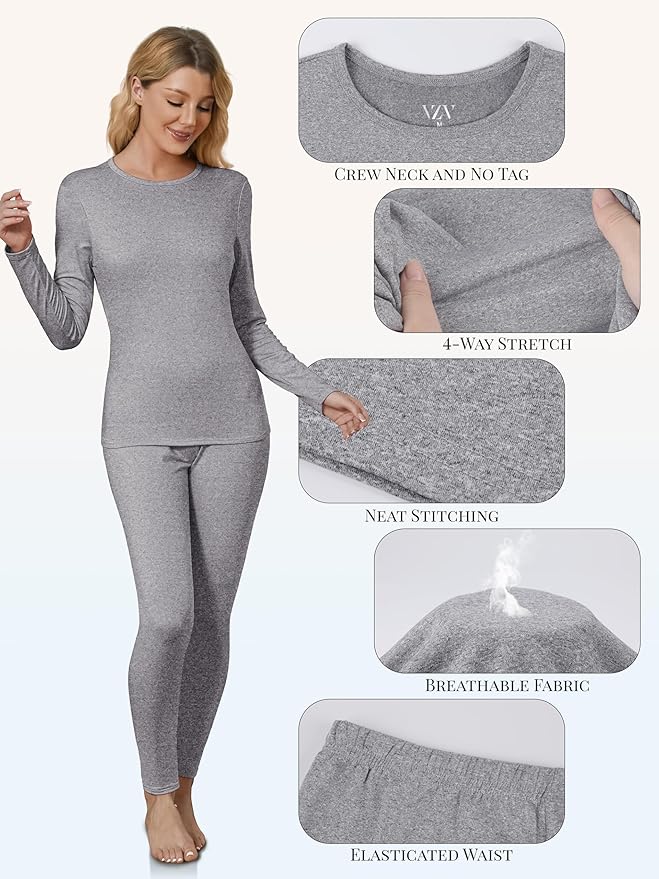 VZV Thermal Underwear for Women, Long Johns for Women Thermal Sets Fleece Lined Base Layer Top and Bottom Set