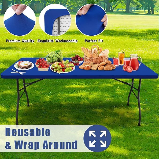 Spandex 6 Foot Rectangle Table Cloth 2 Pack, Elastic Fitted Tablecloths for Picnic, Stretch Washable Patio Table Cover for Outdoor, Camping, Banquet and Parties (Blue, 36"x72")
