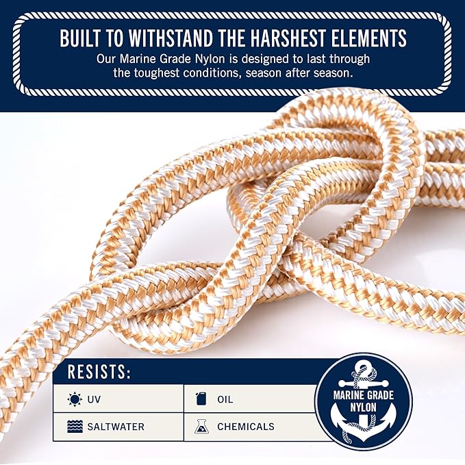 RainierSupplyCo Boat Anchor Rope - Double Braided Marine Rope Anchor Line - 50 ft x 1/4 Inch Nylon Boating Line with 316 Stainless Steel and Heavy Duty Marine Grade Bow Shackle - White/Gold