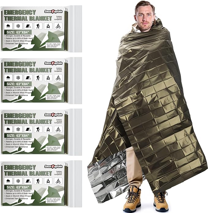 SecuCaptain Survival Emergency Thermal Blankets: Extra Large 84” x63” Space Mylar Blanket Kit for Outdoor Cold Winter Camping Hiking Car Bug Out Bag or First Aid - 4 Pack Amygreen