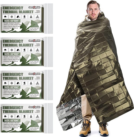 SecuCaptain Survival Emergency Thermal Blankets: Extra Large 84” x63” Space Mylar Blanket Kit for Outdoor Cold Winter Camping Hiking Car Bug Out Bag or First Aid - 4 Pack Amygreen