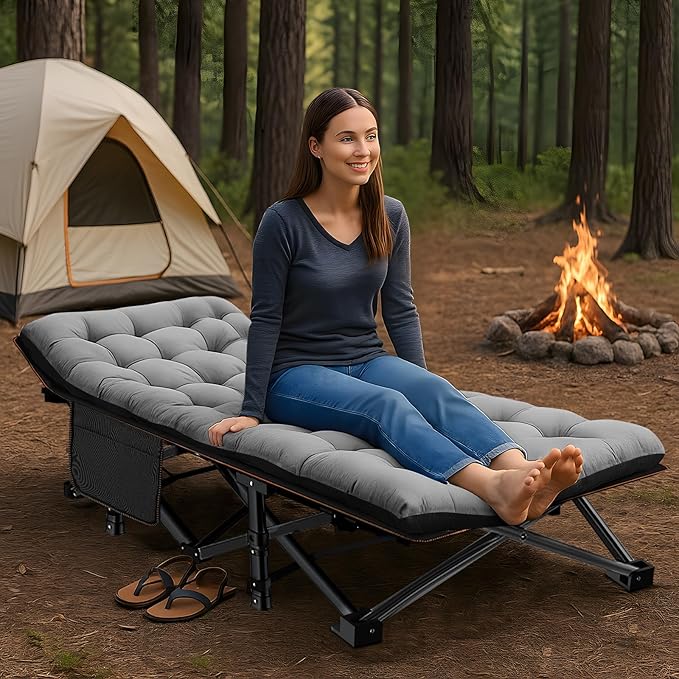 ABORON Folding Camping Cot W/Mat for Adults, Heavy Duty Outdoor Bed with Carry Bag,1200 D Layer Oxford Travel Camp Cots