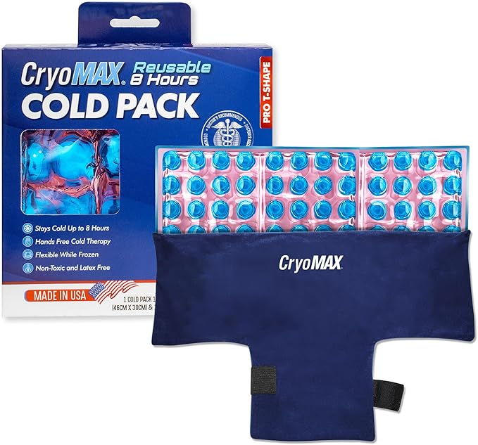 CryoMAX Reusable Cold Pack - 8-Hour Long-Lasting Cold Therapy Ice Pack, Adjustable Wearable Compress Straps, Best for Pain Relief, Injuries, Hip Surgery Swelling, and Migraines - T-Shape (1 Count)