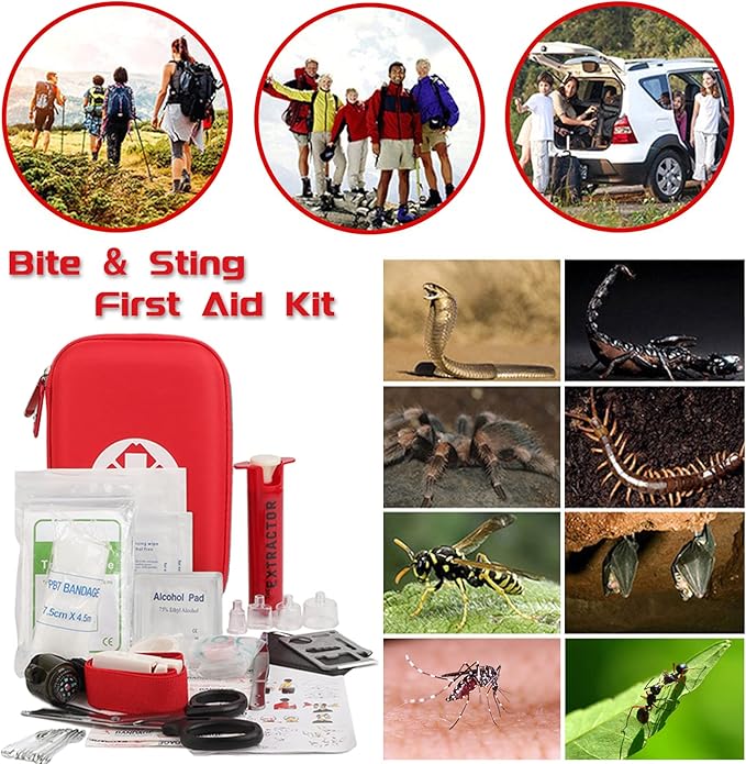 Snake Bite Kit, Bee Sting Kit, Emergency First Aid Supplies, Venom Extractor Suction Pump, Bite and Sting First Aid for Hiking, Backpacking and Camping. Includes Bonus CPR face Shield (Red)