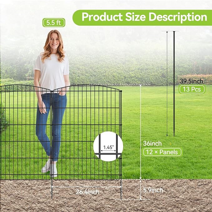 INJOPEXI Decorative Garden Fence 12 Panels 23.6ft (L)×36in (H) Garden Fences with 12 Panels Rustproof Wire No Dig Rabbit Animal Barrier Fencing Rabbit Dog Fence for Yard Patio Outdoor - Without Gate