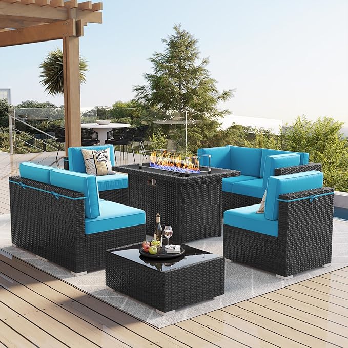 LayinSun 8 Piece Patio Furniture Set with 44" Propane Gas Fire Pit Table, Outdoor Sectional Conversation Set Wicker Rattan Sofa Set with Coffee Table