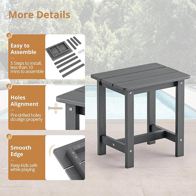 LUE BONA Outdoor Side Table, HDPS Small Outdoor Adirondack Side Tables, Outside End Table for Patio, Porch, Deck, Pool, Weather Resistant/Easy Maintenance, Dark Gray
