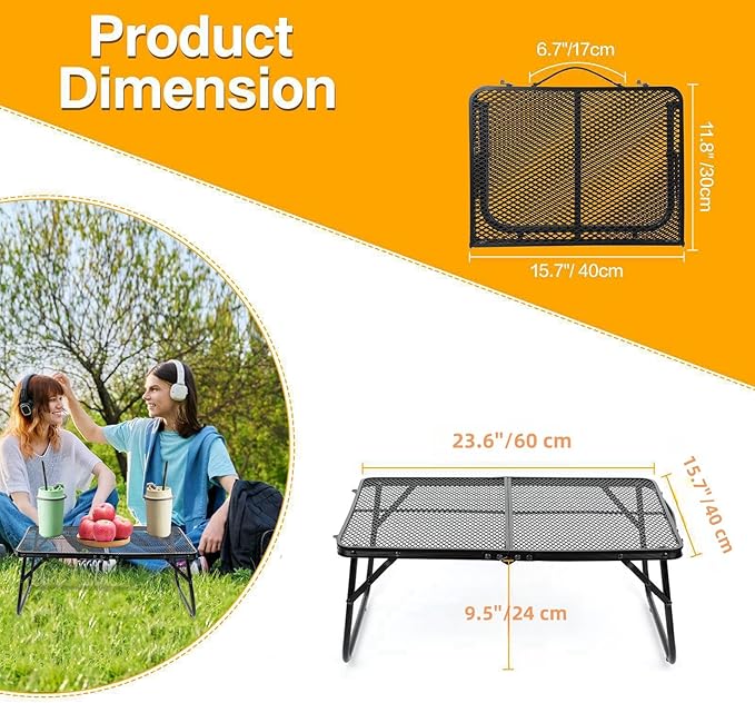 Grill Table Camping Table 2FT Foldable Small Folding Table Low Picnic Table Portable Stand Mesh Outdoor Indoor Card BBQ RV Black 23.6×15.7×9.5 inch