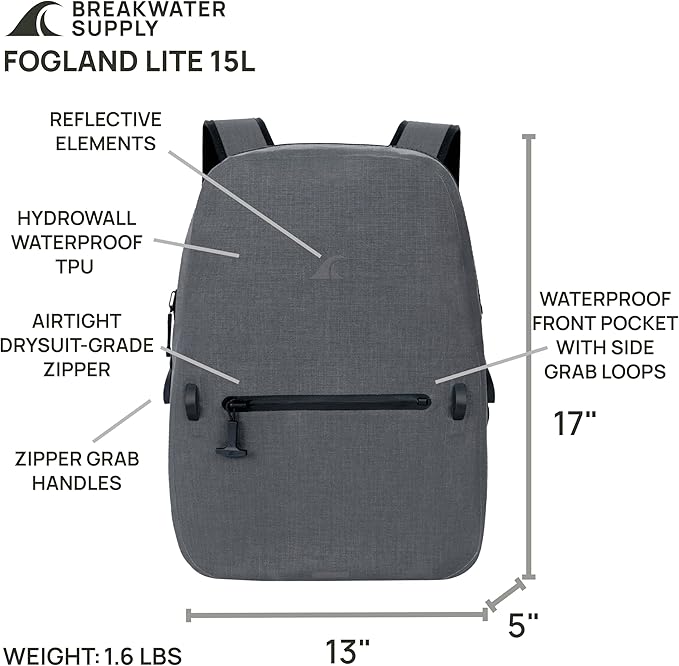 Breakwater Supply™ Waterproof IP68 Submersible Backpack with Airtight Zippers | Laptop Travel Outdoors | Fogland 25L 20L 15L