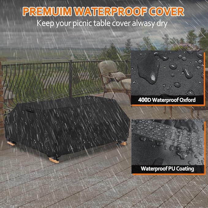 STARTWO Waterproof Picnic Table Cover Outdoor Patio Bench Covers for 8 ft Picnic Table Bench Set Windproof 96 Inch Black