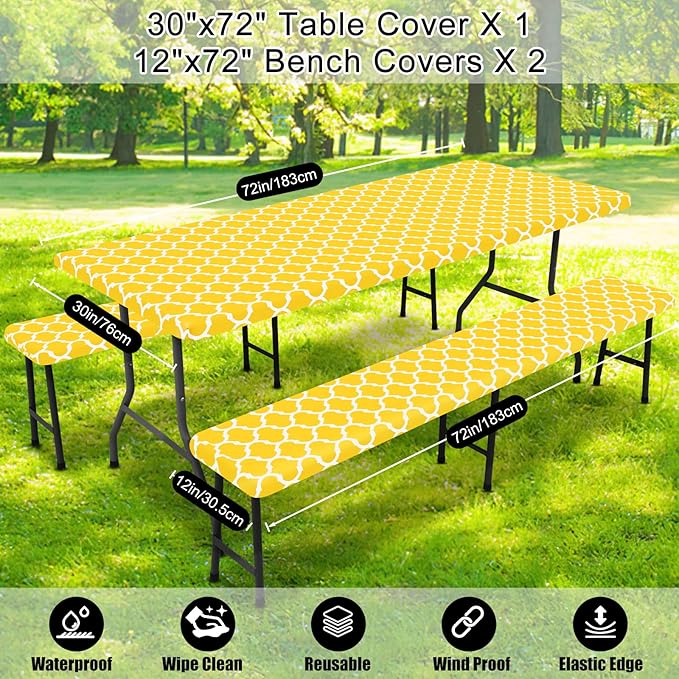 Smiry Picnic Table Cover with Bench Covers, Waterproof Elastic Fitted Tablecloth for 6 Foot Tables, Washable Polyester Tablecloths for Camping, Indoor & Outdoor (Yellow Morocco, 30x72 Inch 3-pc Set)