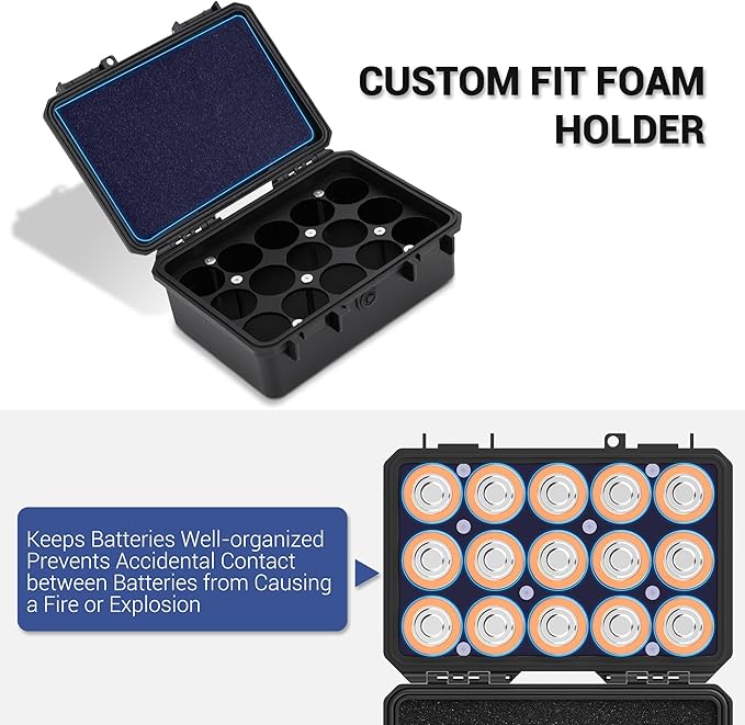 KIWIFOTOS 15 Slots D Battery Organizer Storage Case Shockproof D Cell LR20 Alkaline Batteries Holder Containers IP67 Waterproof for Household Outdoor Camping and Office All-Purpose