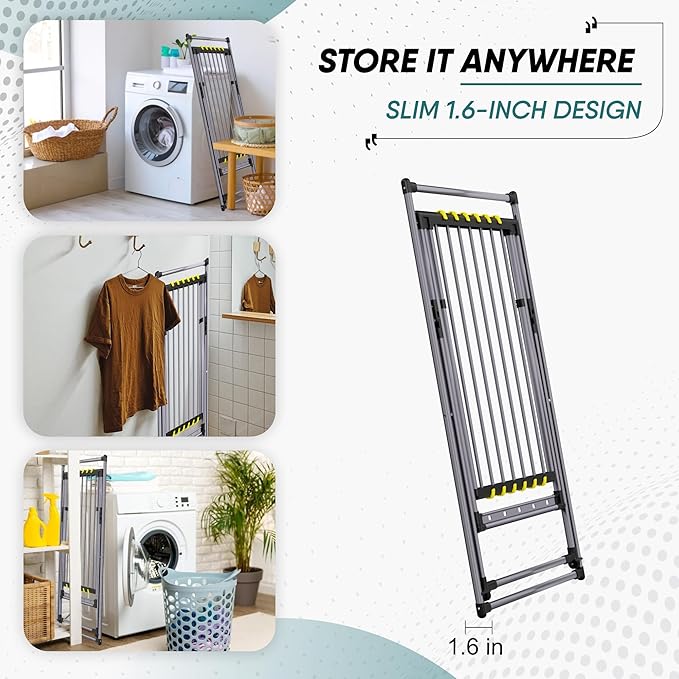 Clothes Drying Rack with Sock Clip, No Assembly, Telescopic Hanging Rod for Long Clothing, Metal Construction, Non-Slip Feet, Hidden Wheels, Foldable, Portable, For Laundry Room, Indoor & Outdoor