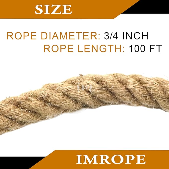 3/4 Inch Jute Rope 100 Ft, IMROPE Natural Rope Twisted 4 Strands for DIY Arts Crafts, Garden, Home Decorating, Hammock