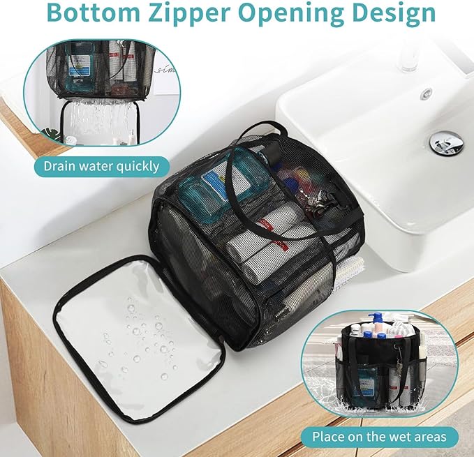 Mesh Shower Caddy Portable for College Dorm Room Essentials, Shower Tote Bag with Hanging Hook and Drawstring, Quick Dry Toiletry Bag with 6 Pockets for Bathroom, Swimming, Gym, Camping, Beach, Travel