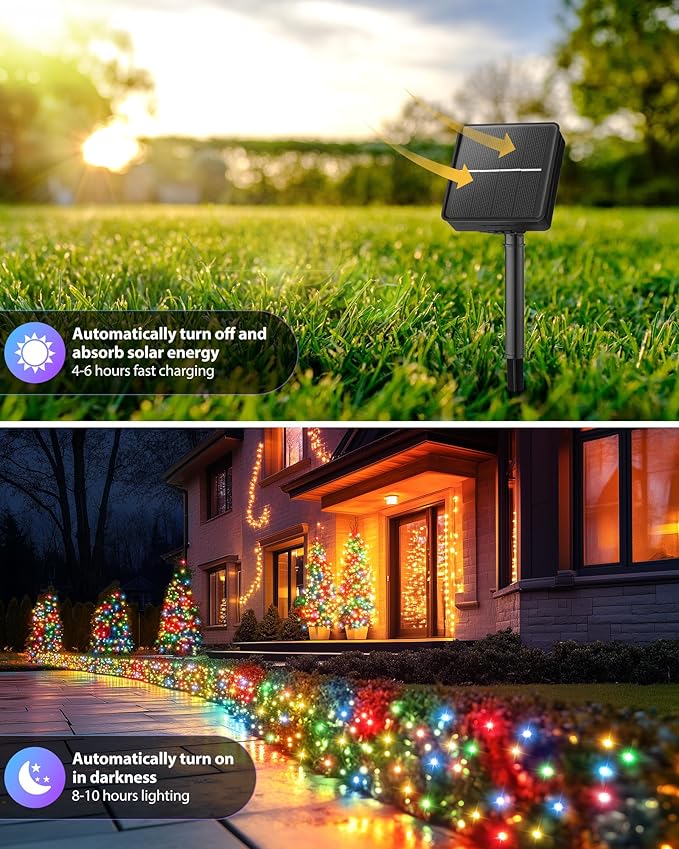 Brightown 120 LED 48 FT Solar String Light for Outside, Solar Powered with 8 Lighting Modes IP65 Waterproof String Lights for Patio Garden Tree Party Yard Decoration (Multicolor)