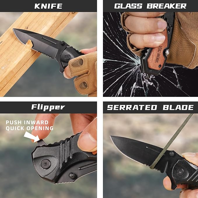 Gifts for Him Men Husband, Christmas Stocking Stuffers, Anniversary Birthday Gifts ideas for Him, Engraved Pocket Knife, Wooden Handle Folding Knife with Wood Box, Unique Outdoor Camping Hiking Tool