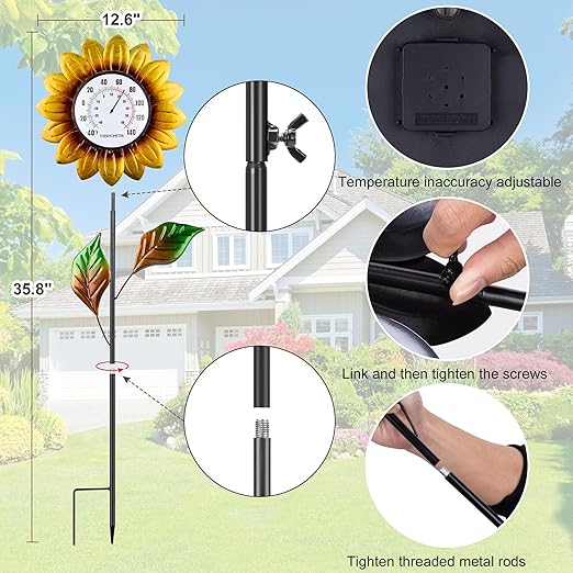 Sunflower Indoor Outdoor Thermometer - Large 35.8 * 12.6 Inch Wall & Stake Waterproof Decorative Easy-Read Outdoor Thermometers for Patio Garden Decor, No Require Batteries, Perfect Gifts