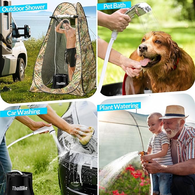 Portable Camping Shower, Pop Up Shower Privacy Tent Kit with LED Lights, 4500mAh Rechargeable Shower Pump, Filtered Shower Head & 7.4 Gallons Foldable Bucket, Outdoor Shower for Hiking Beach, Travel