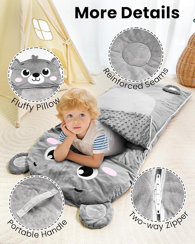 Primlect Kids Sleeping Bag with Pillow, Larger Toddler Nap Mat, Plush Slumber Bag for Boys Girls Daycare Preschool Kindergarten Birthday Gift Travel Sleepover Ages 3-6 Years