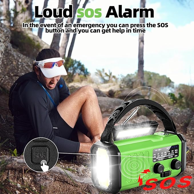 Hand Crank Emergency Radio,37000mWhSolar Powered Hand Crank Portable NOAA AM FM Weather Radio with 3Mode Flashlight and Reading Light,Cell Phone Charger,Home and Emergency Distress Signal (Green)