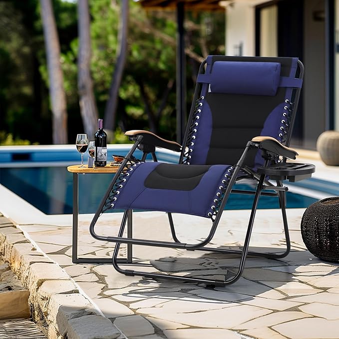 MFSTUDIO Zero Gravity Chairs, Oversized Patio Recliner Chair, Padded Folding Lawn Chair with Cup Holder Tray, Support 400lbs, Navy Blue