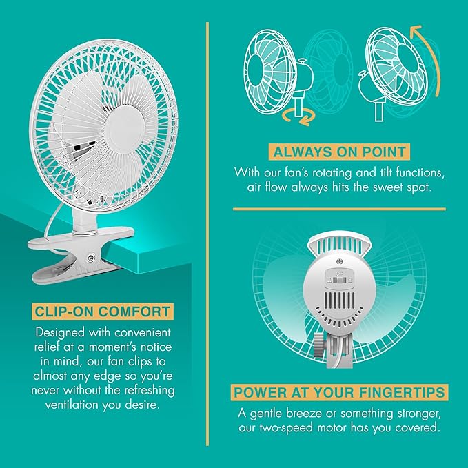 JOEY'Z 6 INCH - 2 Speed - Adjustable Tilt, Whisper Quiet Operation Clip-On-Fan with 5.5 Foot Cord and Steel Safety Grill (1, 6" Fan with 5 FT Cord)