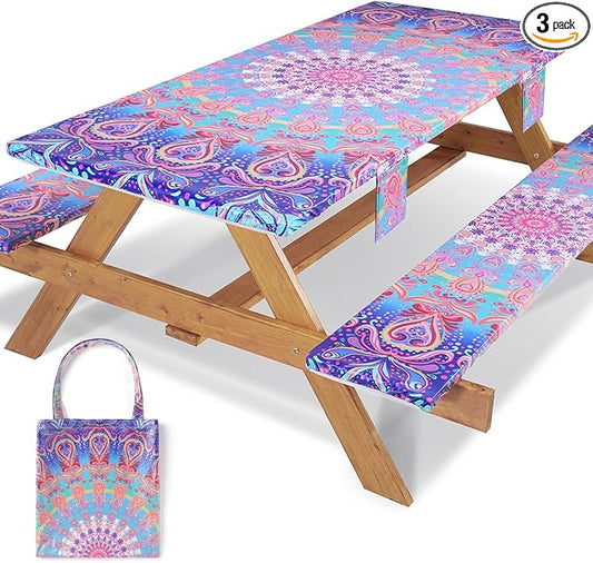 8Ft Fitted Elastic Picnic Table Cover with Bench Covers Vinyl Reusable Boho Large Waterproof Stain Resistant Camping Tablecloths Holiday Festival Decor for Camp Outdoors Parties Trips Garden