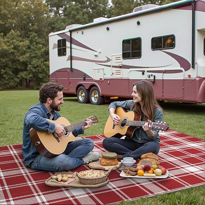 GENIMO Waterproof Outdoor Rug for Patio Clearance, 6'x9' Reversible Plastic Straw Rugs, Lightweight RV Camping Mat for Camper, Balcony, Deck, Backyard, Picnic, Red & White