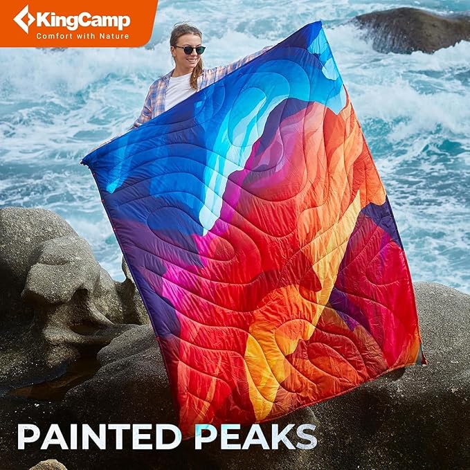 KingCamp Ultralight Camping Blanket, Packable Down Alternative Puffy Printed Wearable Blanket with Snap Buttons & Corner Loops Weatherproof Quilt for Outdoor Travel Stadium (79"L x 57"W, PEAK)