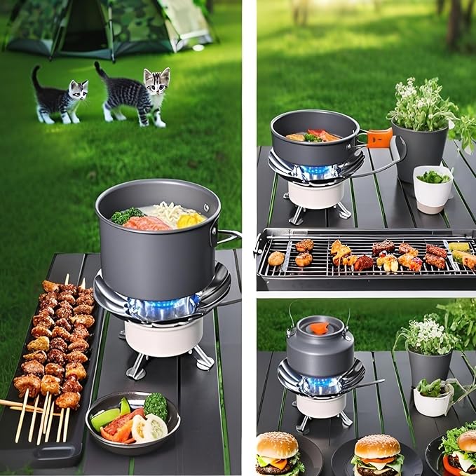 Windproof Camping Stove with Piezo Ignition, Portable Gas Stove for Camping, Backpacking Camp Stove for Outdoor Cooking, Folding Lotus Windshield, Small Adjustable Burner for BBQ, Hiking, Picnic