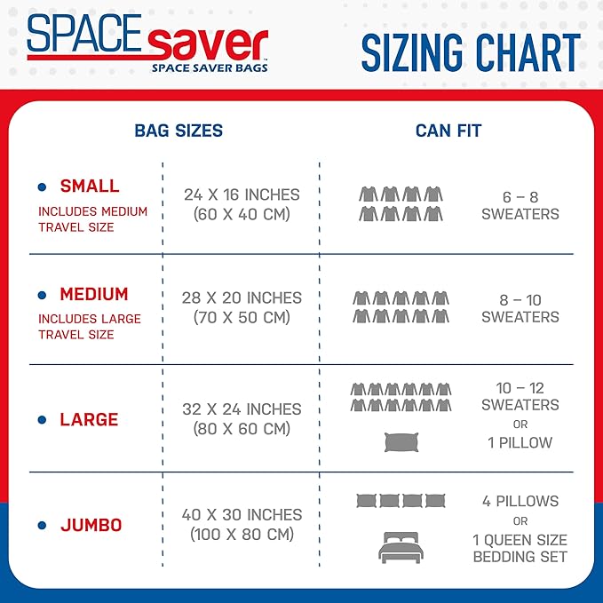 Spacesaver 10 Pack Small Vacuum Storage Bags for Clothes - 24 x 16-Inch Vacuum Sealer Compression Bags with Hand Pump - Space Saver Storage Bags for Travel Essentials, Garments and Organization