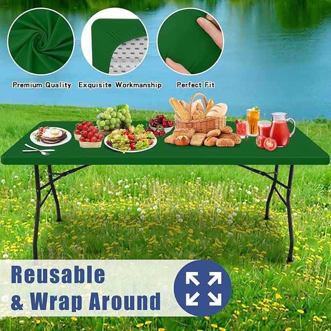Spandex 4 Foot Rectangle Table Cloth 2 Pack, Elastic Fitted Tablecloths for Picnic, Stretch Washable Patio Table Cover for Outdoor, Camping, Banquet and Parties (Emerald Green, 30"x48")