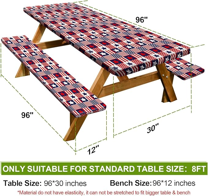 Picnic Table Cover with Bench Covers Camping Essentials Waterproof Windproof Camping Tablecloth with Drawstring Bag, Fitted Rectangle Tables and Seats, 96in, Red Blue Checkered