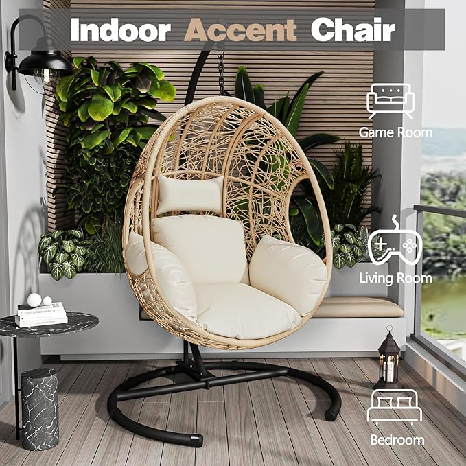 Oversized Hanging Egg Chair Outdoor Wicker Swing Chair with Stand Rain Cover UV Resistant Cushion 400lbs Capacity for Patio, Garden and Balcony