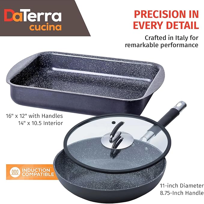 DaTerra Cucina Nonstick Ceramic Frying Pan (11") & Roasting Pan (16.1"x11.7"x2.7") Bundle - Oven Safe, Stovetop Compatible, PTFE & PFOA Free, Volcanic Black, Made in Italy