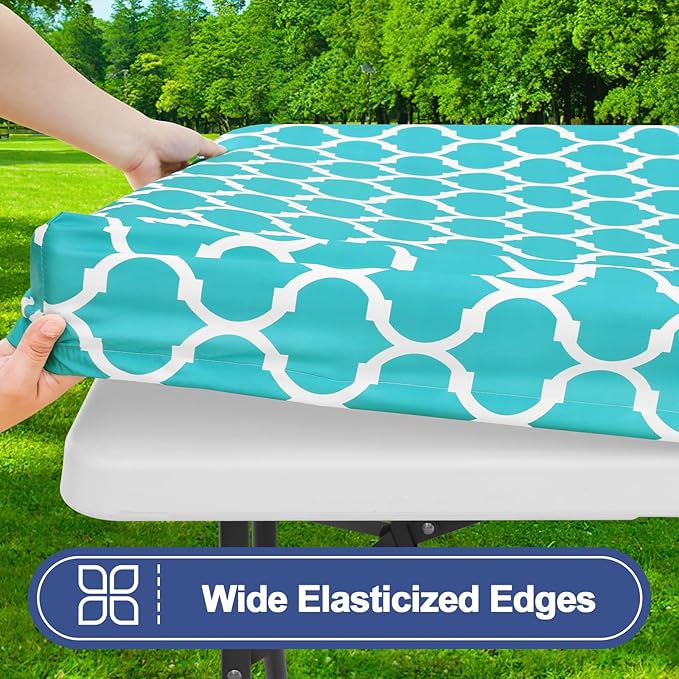 Smiry Picnic Table Cover with Bench Covers, Waterproof Elastic Fitted Tablecloth for 8 Foot Tables, Washable Polyester Tablecloths for Camping, Indoor & Outdoor (Teal Morocco, 30x96 Inch 3-pc Set)