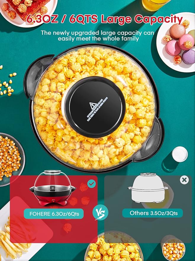 Popcorn Machine, FOHERE 6.3 Quarts Electric Hot Oil Popcorn Popper Machine with Stirring Rod, Large Lid for Serving Bowl and Convenient Storage, Removable & Nonstick Plate, 28Cups, Two Measuring Cups