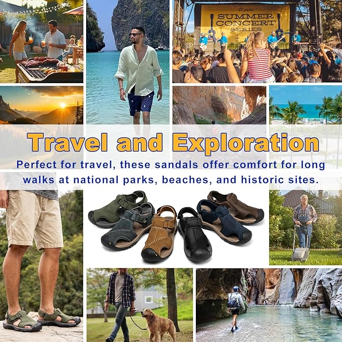 Men's Sport Sandals Closed Toe Leather Hiking Athletic Walking Outdoor Beach Trail River Fishing Water Shoes Lightweight Comfortable Waterproof