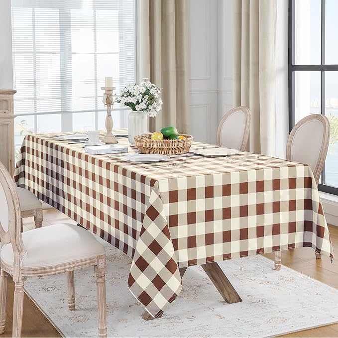 Softalker Gingham Checkered Rectangle Tablecloth - Waterproof Buffalo Plaid Table Cloth Stain Resistant Washable Table Cover for Picnic/Camping/Outdoor - Coffee and White, 54 x 108 Inch