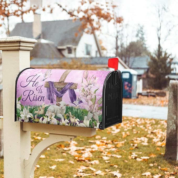 He is Risen Cross Christian Mailbox Cover Magnetic Large Size 25.5x21 Inch Spring Easter Letter Box Wrap Religious Lily Floral Sunrise Lamb decorative Dust-Proof Letterbox Covers for Home Garden Yard
