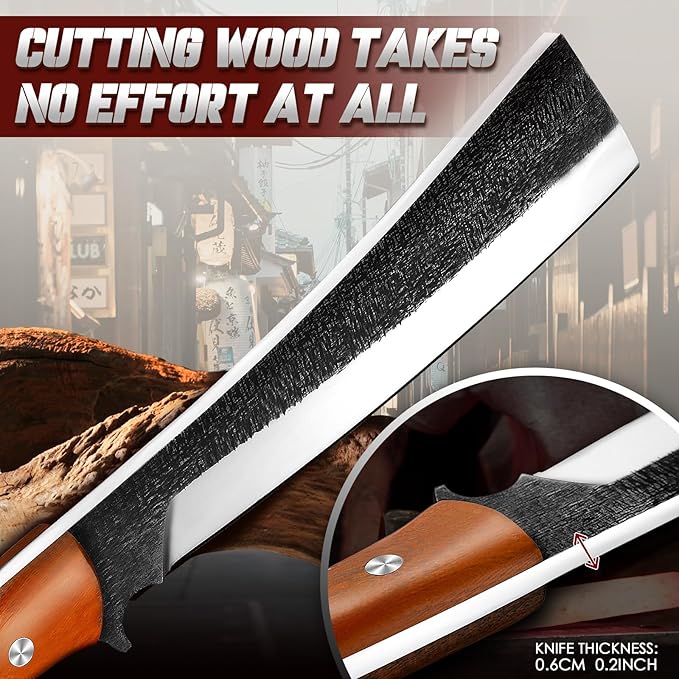 Freelander Japanese Style High Carbon Steel Machete with Red Sandalwood Ergonomic Full Tang Handle and Wood-Leather Sheath — Heavy-Duty Outdoor Tool for Camping, Hiking, Yard Work, and Survival