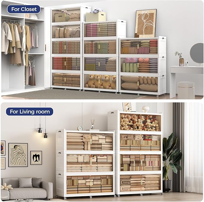 320GAL Extra Large Stackable Storage Bins with Lid, 1280QT Plastic Closet Organizer and Storage Cabinet with Wheels and Doors, Folding Storage Box Container for Home Organization, 4Pack White