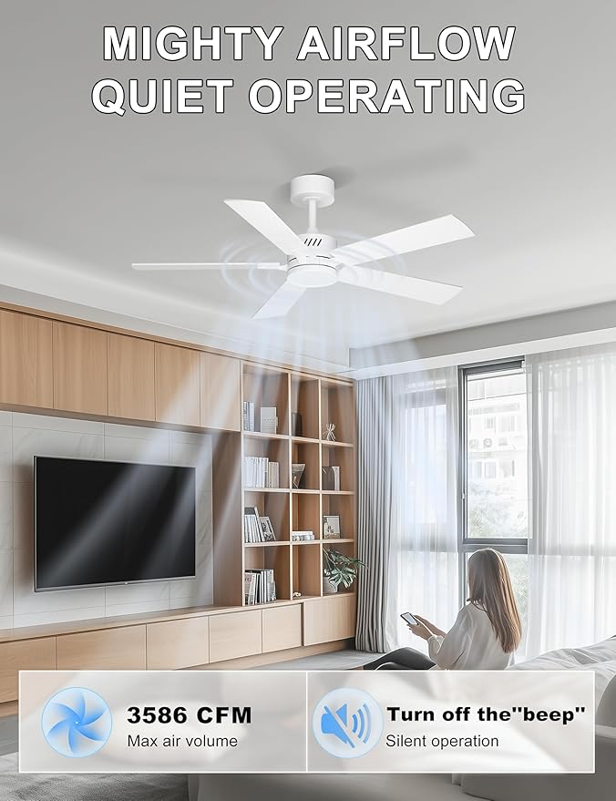 Ohniyou 48'' Ceiling Fans with Lights and Remote, 6 Speeds, 3 Colors & Dimmable LED Light, Silent DC Motor White Ceiling Fan for Living Room, Bedroom