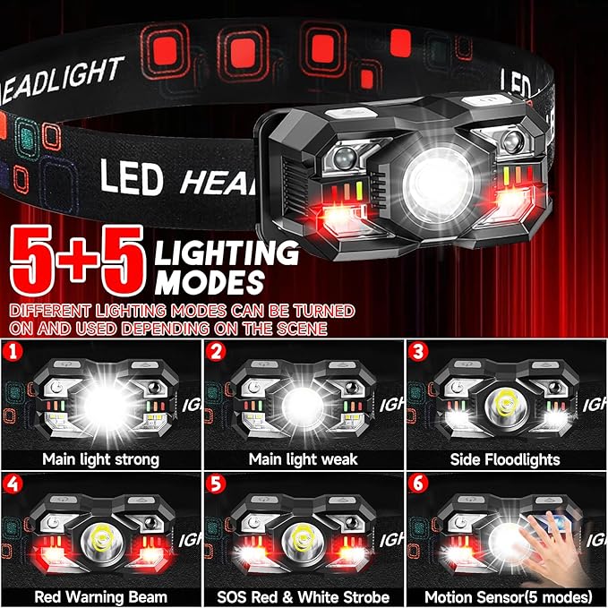 Headlamp Rechargeable 2Pack, 3000 Lumen Ultra-Light Bright Headlamp Flashlight with White Red Light, LED Headlight Motion Sensor, 5+5 Mode for Outdoor Camping Fishing Running Hiking