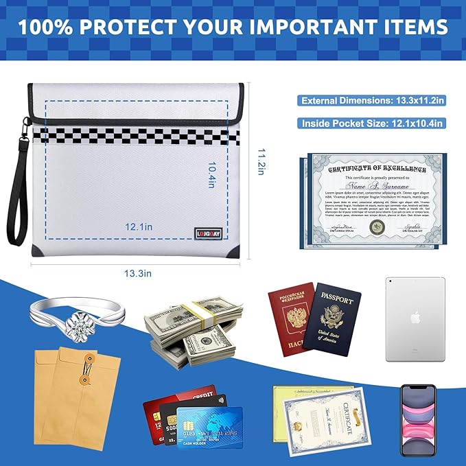 Upgraded Fireproof Document Bag - with 6200°F Heat Insulated, Fireproof Money Bag for Cashwith Fireproof Zipper, 9 Layers of Functional Materials, Water Fire Proof Bag Fireproof Bag (Silver, 13"x11")