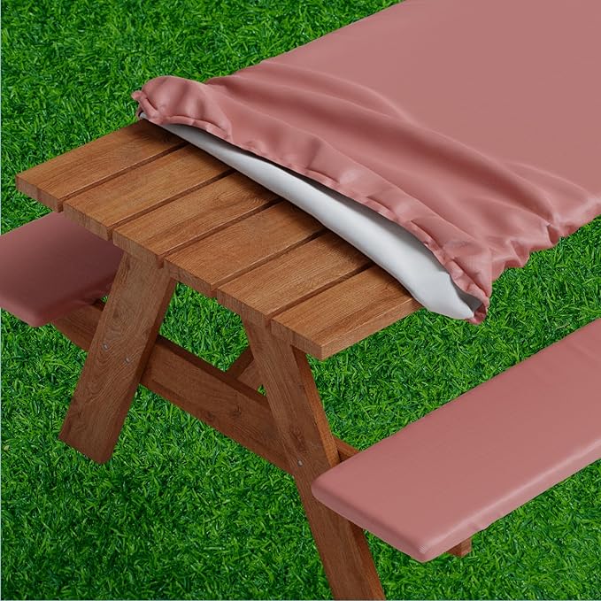 Sorfey Picnic Table Cover with Bench Covers -Fitted with Elastic, Vinyl with Flannel Back, Fits for Table 30"x 60" Rectangle,Water Proof, Solid Burgundy Design