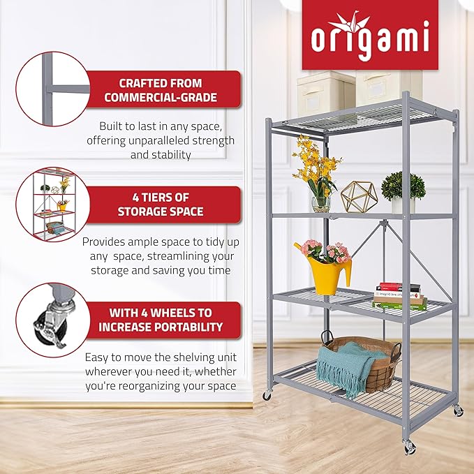 Origami 4-Tier Storage Shelves on Wheels, Steel Shelving Holds 1000 pounds, Heavy Duty Garage Storage & Organization, Closet Organizer, Utility Shelf