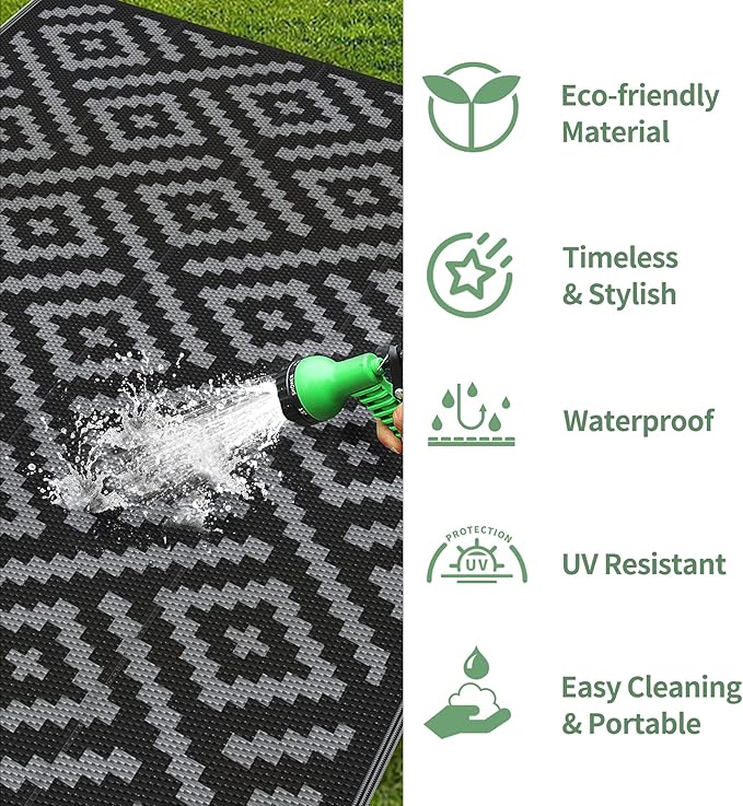 GENIMO Outdoor Rug for Patio Clearance,9'x12' Waterproof Large Mat,Reversible Plastic Camping Rugs,Rv,Porch,Deck,Camper,Balcony,Backyard,Black & Gray
