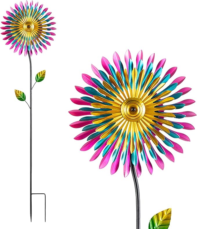 Alpine Corporation 47" Tall Outdoor Metal Windmill Triple Spinner Garden Stake Yard Decoration, Daisy